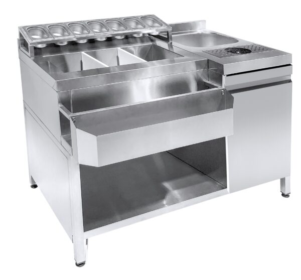 COCKTAILS BAR STATION
INCL. ÉVIER, LAVE-VERRES, BACS GN, SPEEDRAIL PORTE-BOUTEILLES