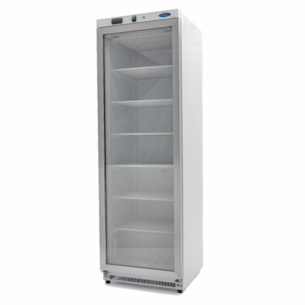 Congélateur 400L porte vitrée blanc