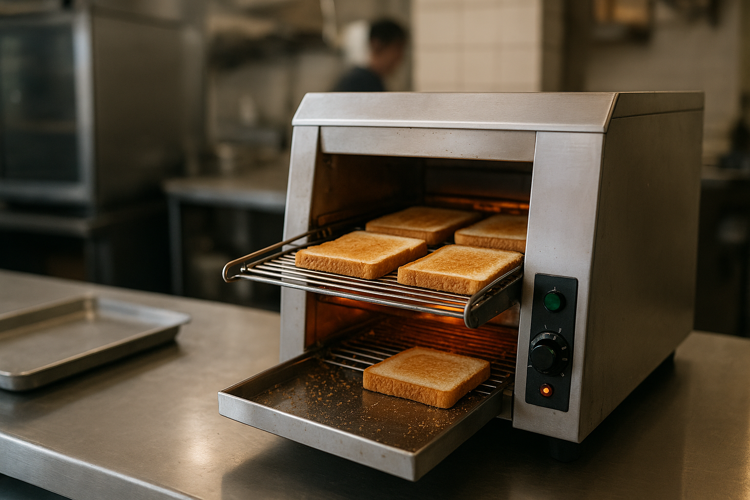 toaster convoyeur professionnel en fonctionnement pour établissement de snacking