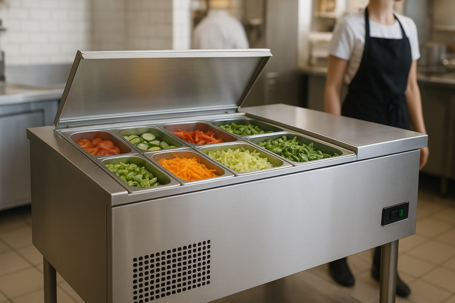 saladette location en inox avec légumes frais présentés dans bacs GN
