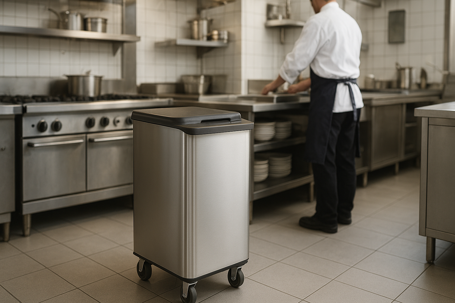 poubelle cuisine professionnelle leasing en inox dans une cuisine pro