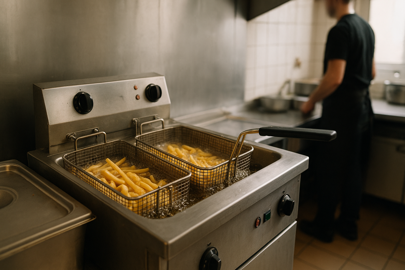friteuse professionnelle location en fonctionnement dans une cuisine de fast-food
