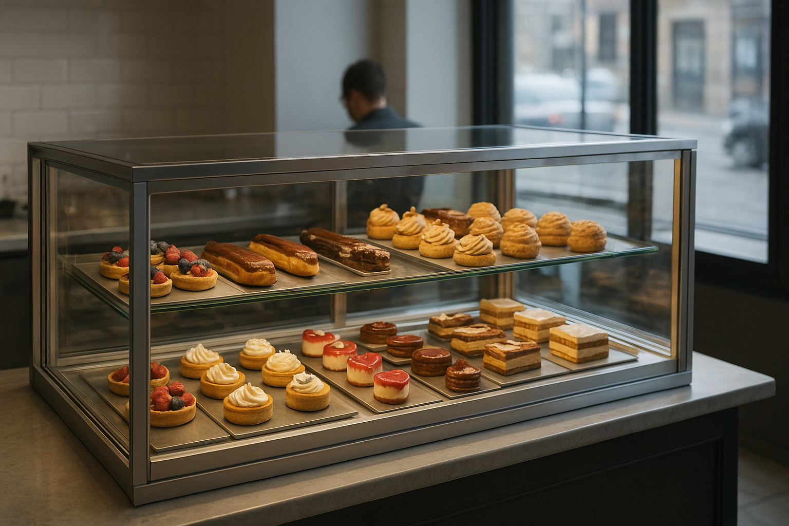 vitrine pâtisserie location éclairée moderne pour exposition et conservation des desserts
