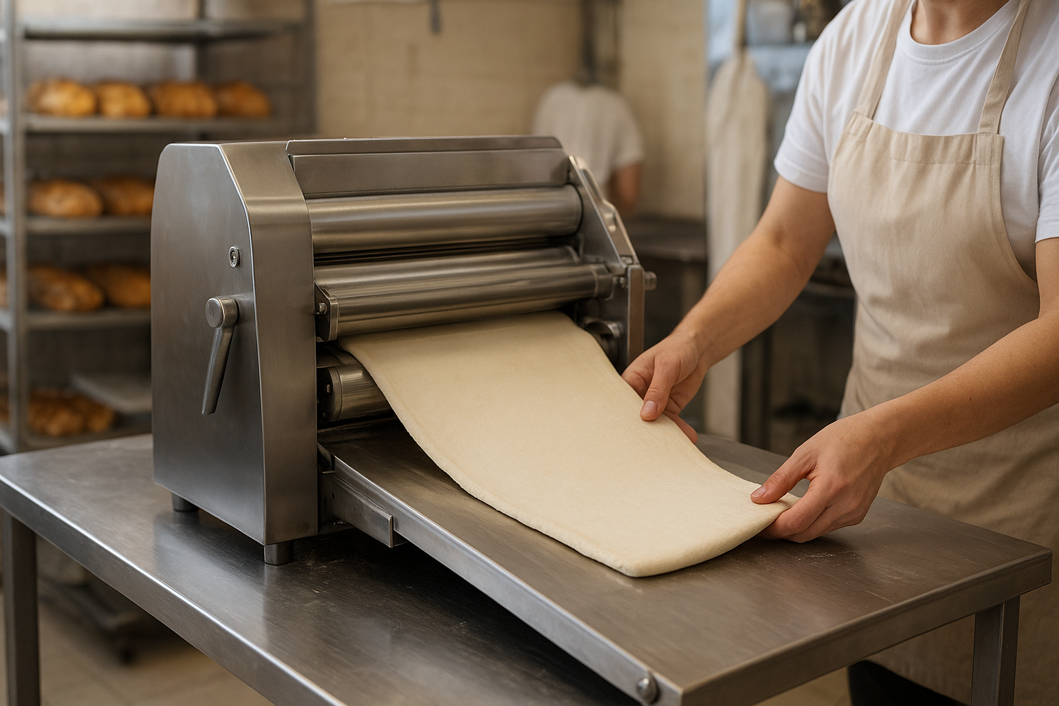 laminoir professionnel leasing inox en service dans une boulangerie