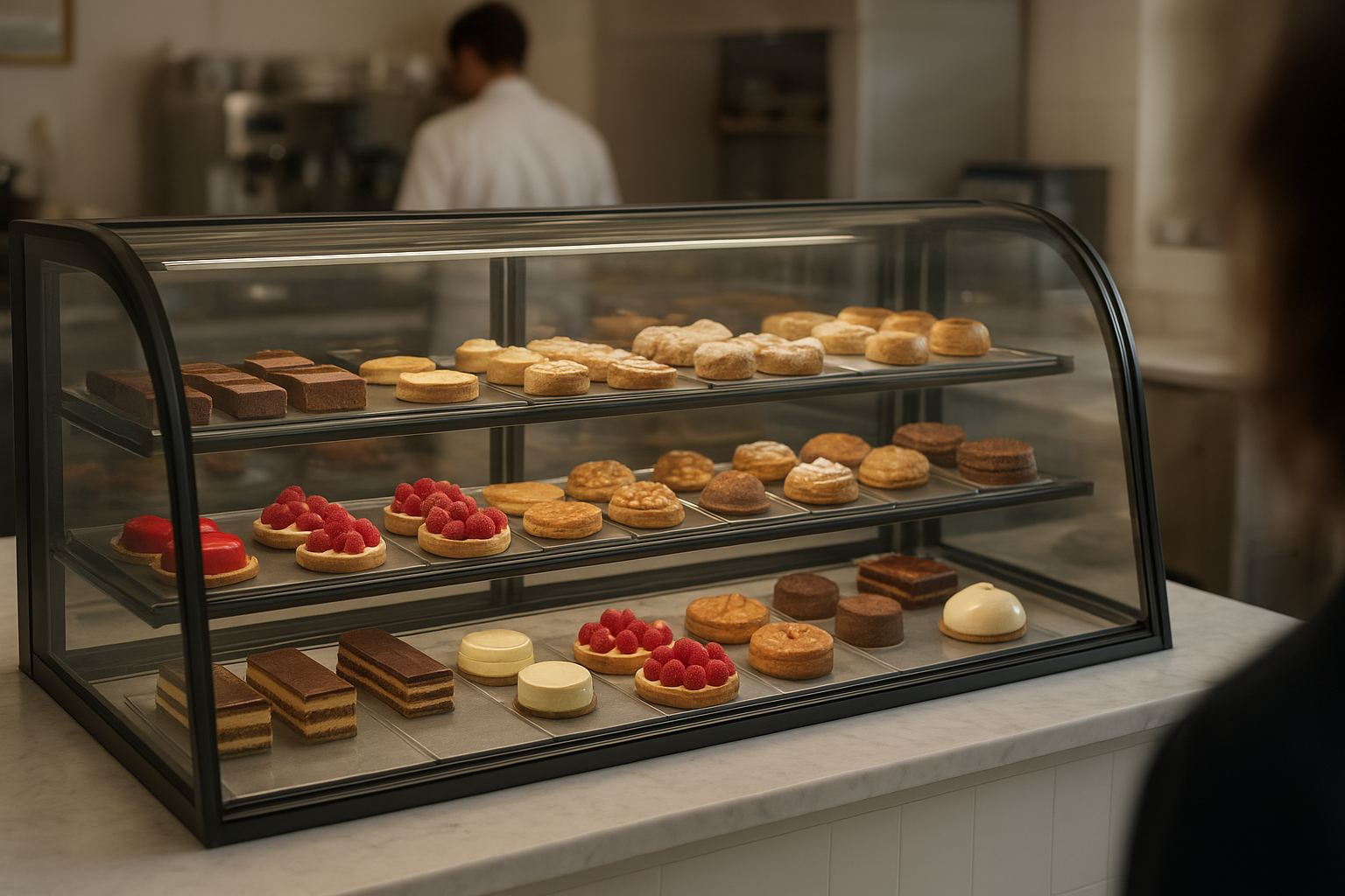 vitrine patisserie leasing éclairée pour présentation de pâtisseries